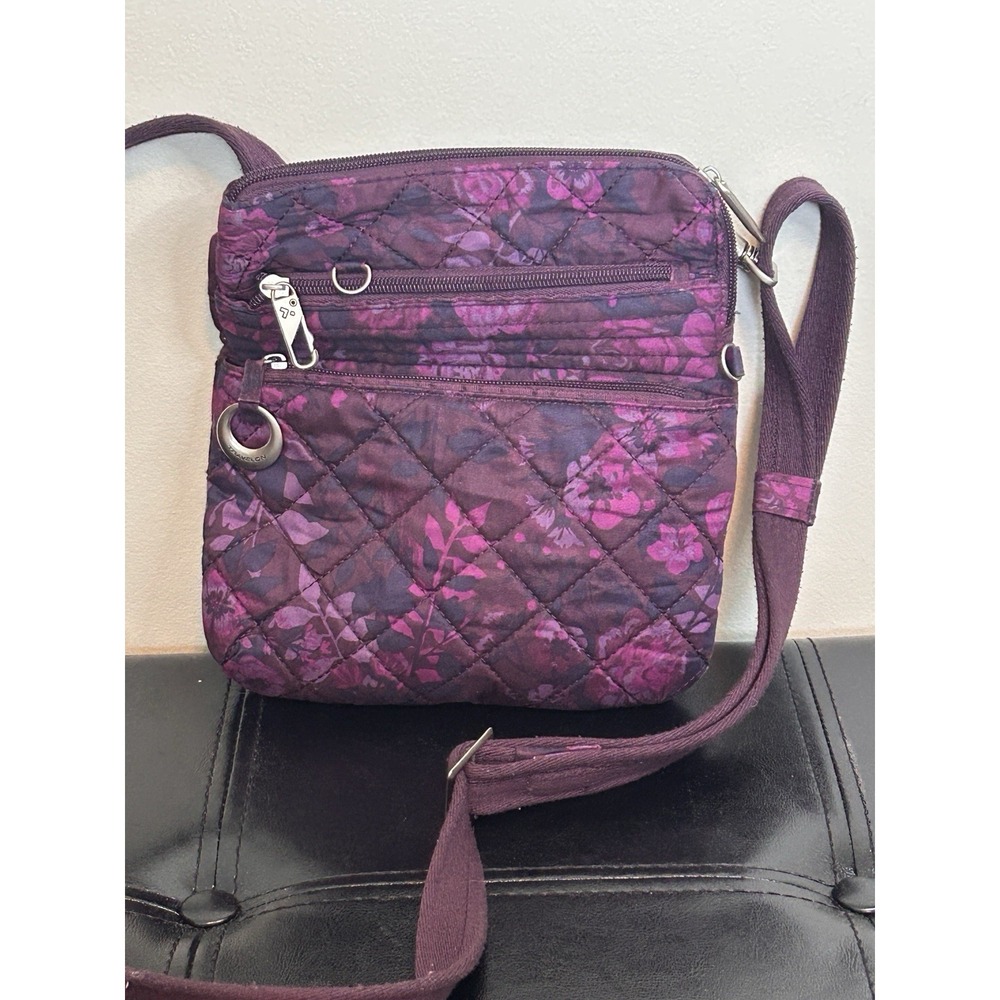 Travelon Crossbody Bag Purse Black Brown W Purple Lavendar Floral Design Quilted